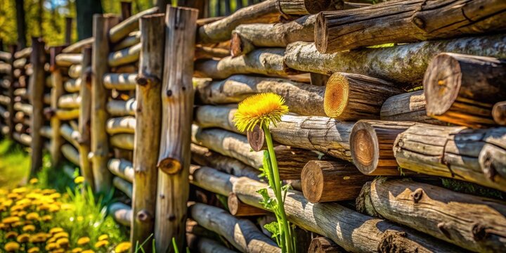 A vibrant yellow dandelion bravely stands beside a rustic, sun-drenched log fence, showcasing nature's resilience and beauty.