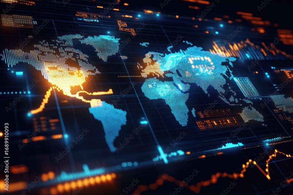 Poster digital world map with glowing data points and animated graphs showing global financial or data tren