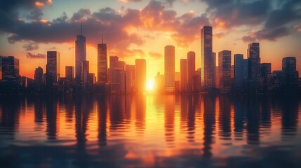 Sunset behind a city skyline with skyscrapers reflecting on calm water under a partly cloudy sky, creating a warm and peaceful atmosphere