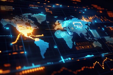 Digital world map with glowing data points and animated graphs showing global financial or data trends in a futuristic interface