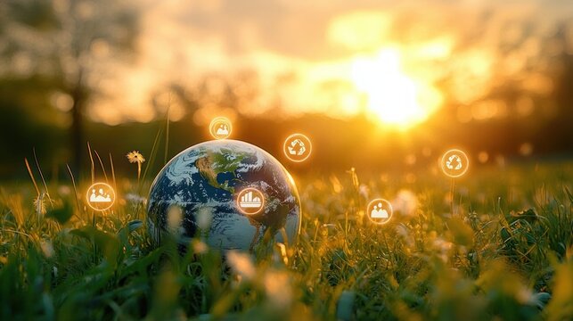 Earth globe placed in green grass field with glowing environmental and social icons symbolizing sustainability and community under warm sunset light