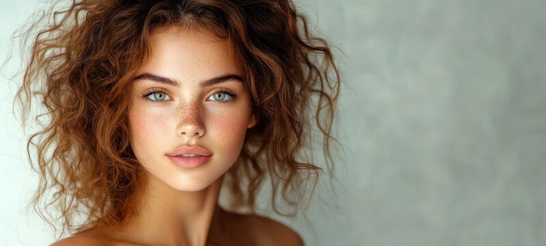 Close-up portrait of a young woman with curly auburn hair, expressive blue-green eyes, natural freckles, and a soft neutral expression against a neutral background