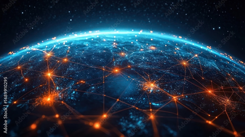 Poster glowing orange network connections spanning across a digital representation of earth with illuminate