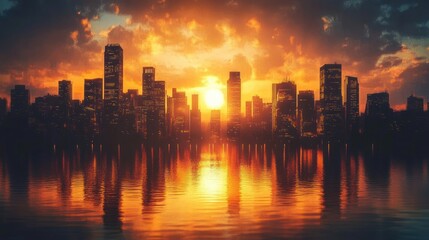 Obraz premium Sunset over a modern city skyline with high-rise buildings reflecting on calm water and dramatic glowing clouds in the sky
