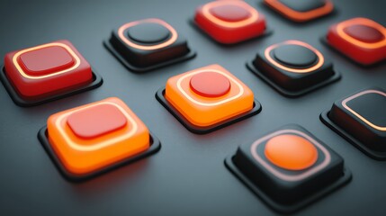 Close-up View of a Retro Futuristic Control Panel with Orange and Red Illuminated Buttons
