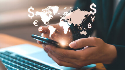 Global finance app on phone showing dollar, euro, bitcoin, yen symbols