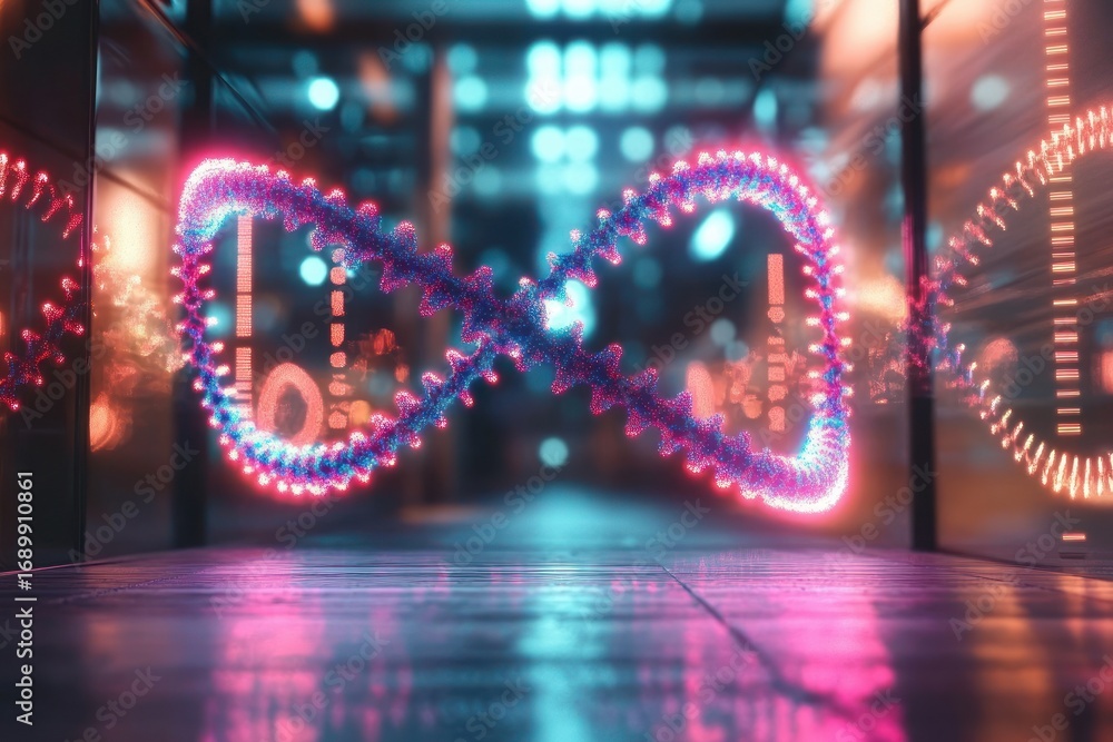 Poster glowing double helix structure in neon blue and pink floating in a futuristic corridor with blurred 