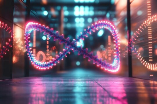 Glowing double helix structure in neon blue and pink floating in a futuristic corridor with blurred lights and reflective floor - Powered by Adobe