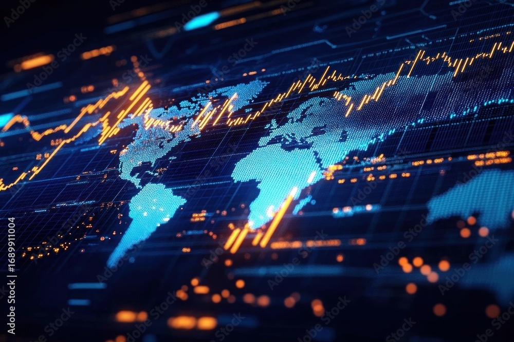Poster digital glowing blue world map with bright orange fluctuating data lines and graphs on a dark grid b