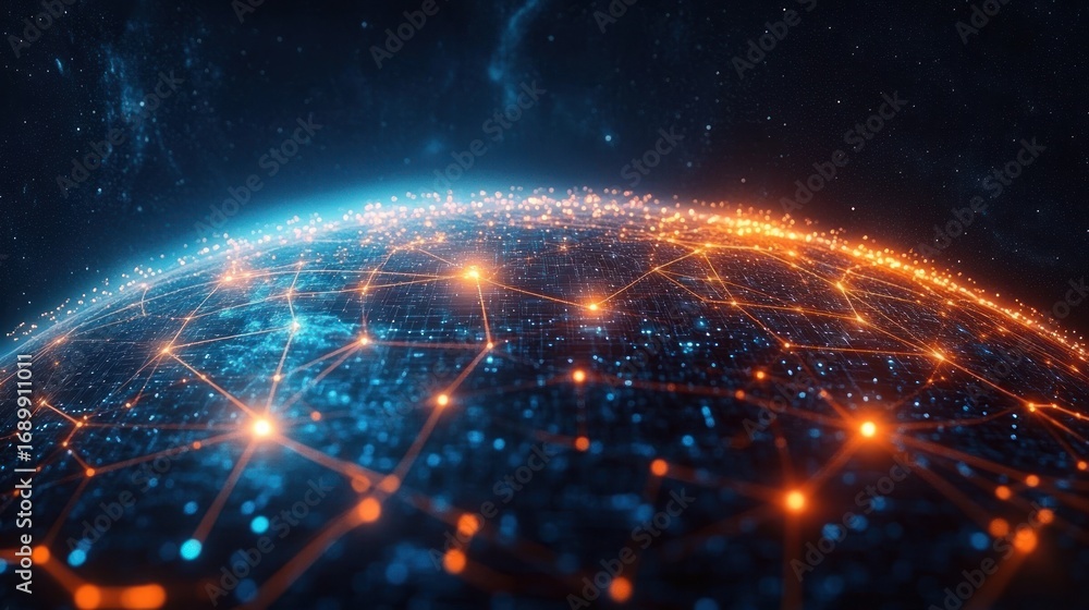 Poster digital globe with interconnected glowing orange nodes and lines symbolizing global network and comm