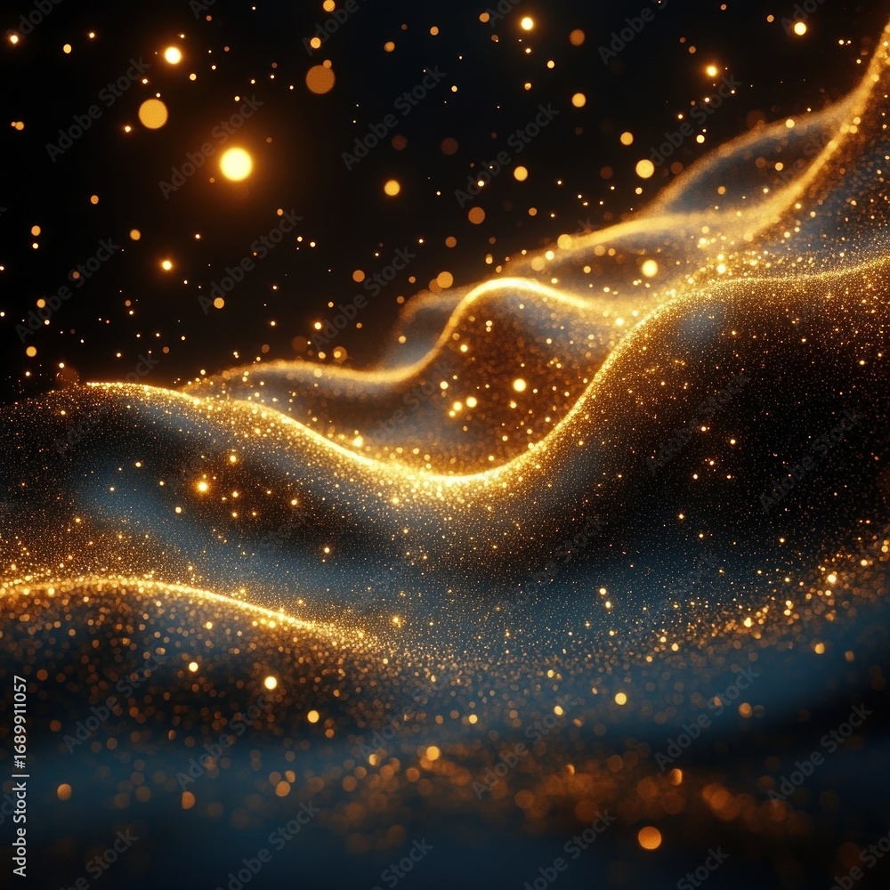 Poster abstract glowing golden particles and waves creating a dynamic sparkling landscape on a dark backgro