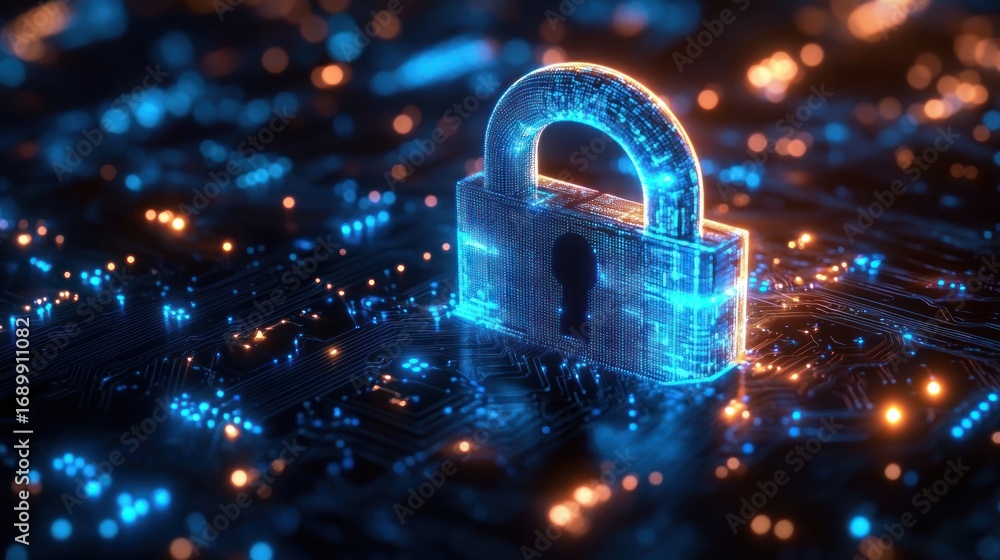 Poster glowing digital padlock representing cybersecurity protection on a high-tech circuit board with blue