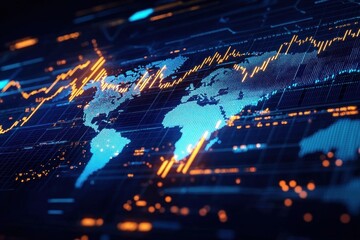 Digital glowing blue world map with bright orange fluctuating data lines and graphs on a dark grid background symbolizing global financial markets and data analysis