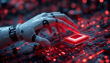 A robotic hand touching a glowing red CPU on a circuit board, symbolizing artificial intelligence, data processing, and advanced technology.