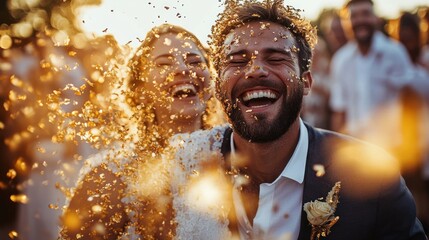 Joyful couple at a celebration covered in golden confetti with bright smiles and laughter surrounded by a festive crowd