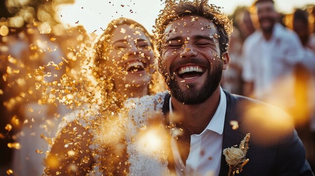 Joyful couple at a celebration covered in golden confetti with bright smiles and laughter surrounded by a festive crowd