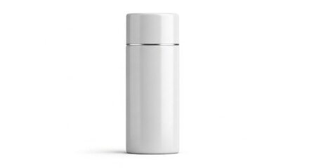 White Stainless Steel Thermos Bottle Standing Upright on White Background for Travel and Outdoor Use