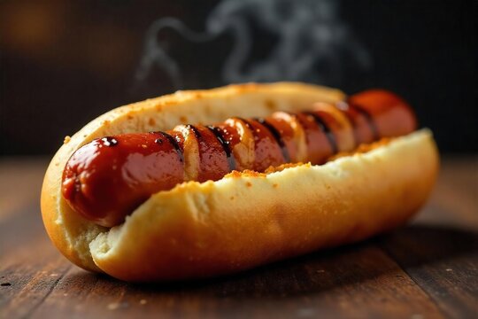 Close-up shot of a delicious grilled hot dog, perfectly seared and juicy, nestled in a soft bun  Ready to be devoured! Steam rises, highlighting its appetizing aroma ,  texture,  picnic,  outdoor