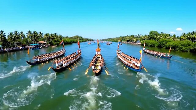 Panoramic drone view of snake boat races in Kerala backwaters during vibrant Onam festival