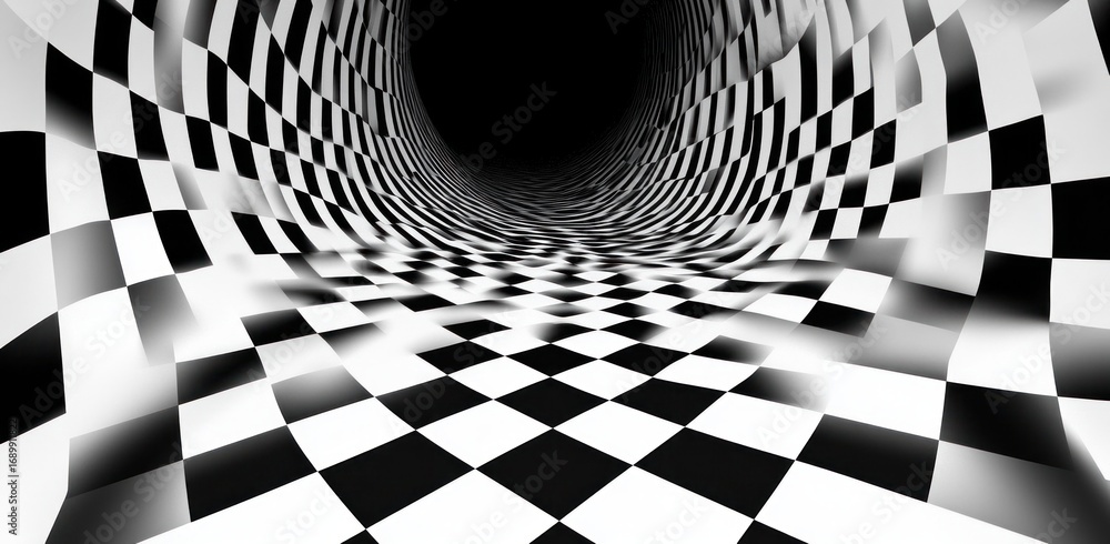 Poster black and white checkered tunnel creating optical illusion of depth and distortion