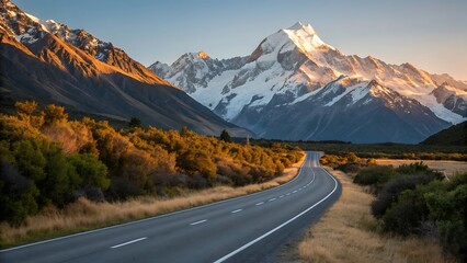 Fototapeta premium Scenic mountain road winding through autumn landscape towards majestic snow-capped peaks