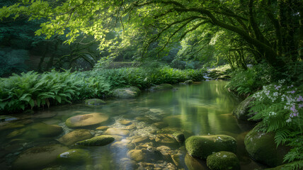 Fototapeta premium Serene Forest Stream Sunlight Filtering Through Lush Greenery, Tranquil Nature