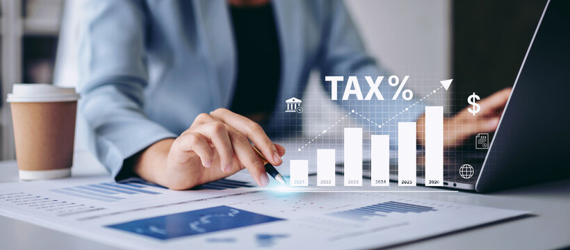 Calculation tax return and VAT concept, Businesswoman pointing tax icon for calculates fill out personal income to pay taxes return form online for tax payment, interest rate with tax and percentage
