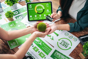Professionals examine ESG sustainability strategy environmental impact corporate meeting for future...