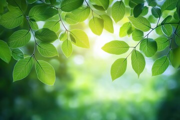 Close-up view of vibrant green leaves illuminated by soft sunlight with a blurred natural background, creating a fresh and peaceful atmosphere