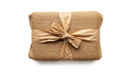 Wrapped Gift Box with Natural Burlap and Ribbon on White Background