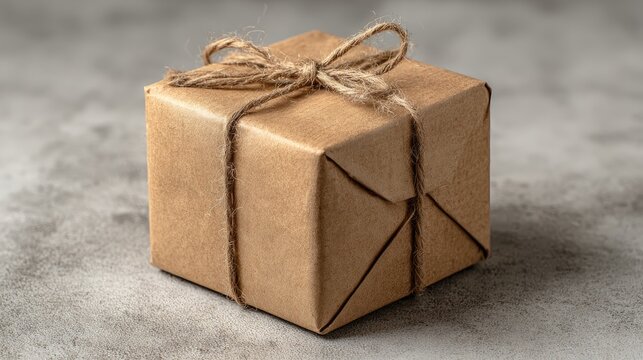 Simple wrapped gift brown paper box tied with twine on a mottled grey surface