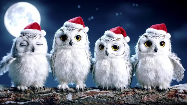 Four fluffy snowy owls in red Santa hats perched on a snow-dusted log beneath a glowing full moon and starry blue night sky