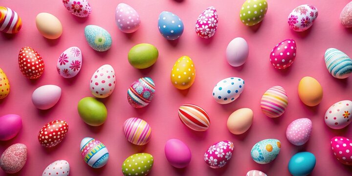 A vibrant collection of festively decorated eggs arranged on a pink background, showcasing a delightful array of patterns and colors, perfect for spring celebrations
