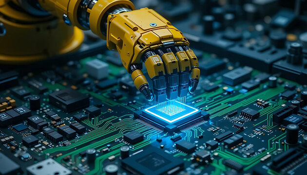 A yellow robotic arm placing a glowing blue CPU onto a circuit board, symbolizing artificial intelligence, automation, and advanced technology.