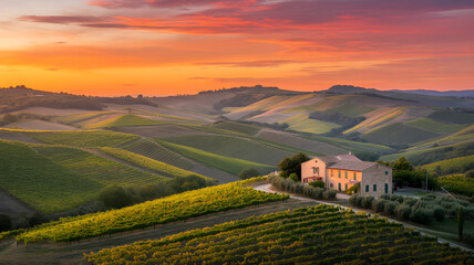 Naklejka premium Idyllic farmhouse on a rolling green hill in the Italian countryside at sunrise, a scenic landscape with vineyards and a colorful sky.