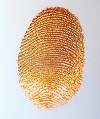 Close-up of a single golden fingerprint on a white background showing intricate ridge patterns and shimmering texture