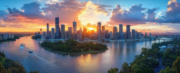 Naklejka premium Sunset casting golden light over a modern city skyline with high-rise buildings, calm river with boats, and lush green islands and riverbanks under colorful clouds