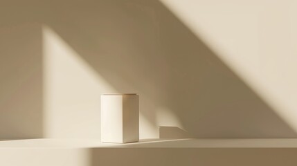 A white box sits on a white shelf with a sunbeam shining on the wall.