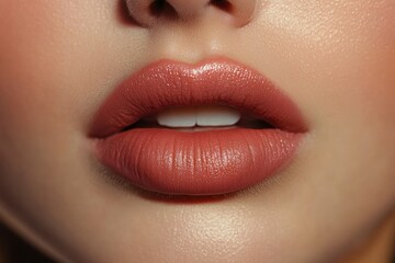 Obraz premium close-up of soft lips with matte reddish-brown lipstick, slightly parted showing white teeth and smooth skin texture
