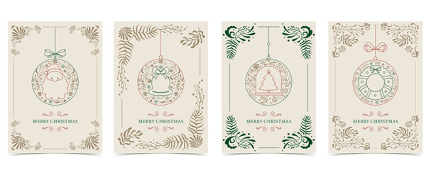 Minimal art deco with christmas tree,wreath,santa Claus in baubles outline.vector illustration for Christmas party invitation card, postcard, menu ,print, social media template