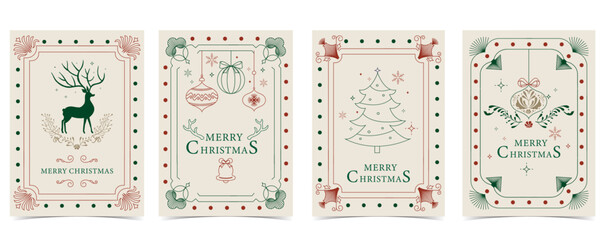 Minimal art deco with christmas tree, reindeer,wreath outline.vector illustration for Christmas party invitation card, postcard, menu ,print, social media template