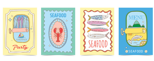 Vintage pastel open canned sardine and seafood menu poster set in retro cartoon vector illustration style for summer party card invitation