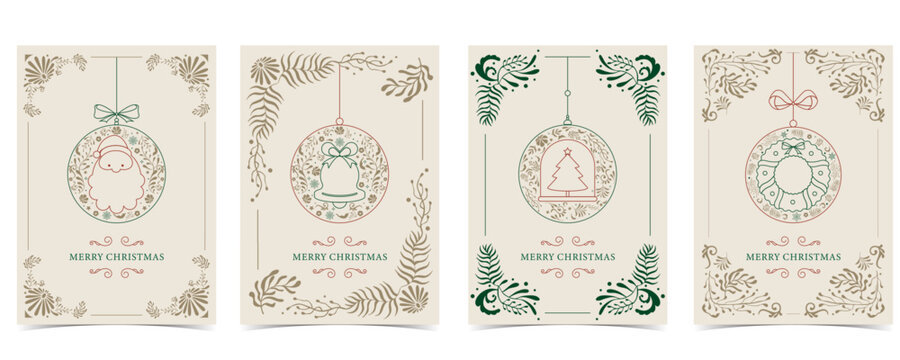 Minimal art deco with christmas tree,wreath,santa Claus in baubles outline.vector illustration for Christmas party invitation card, postcard, menu ,print, social media template