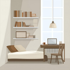 Fototapeta premium Modern Minimalist Bedroom Workspace Interior Design with Wooden Furniture and Natural Light