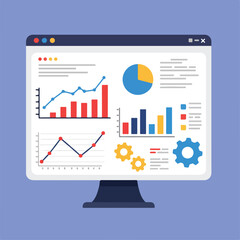 Digital monitor displays data analytics with charts, graphs, and gear icons on a light blue backdrop for a clean, modern look.
