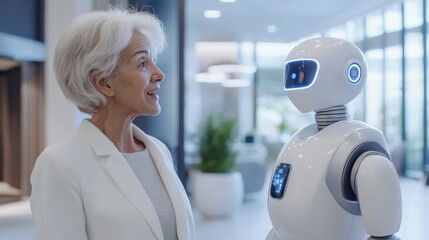 Elderly woman talking to a healthcare robot, on blurred background
