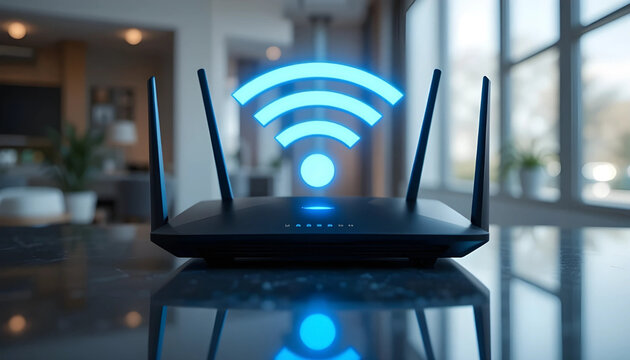 A black Wi-Fi router on a shiny surface with a glowing blue signal icon, symbolizing fast home internet, modern technology, and wireless connectivity.