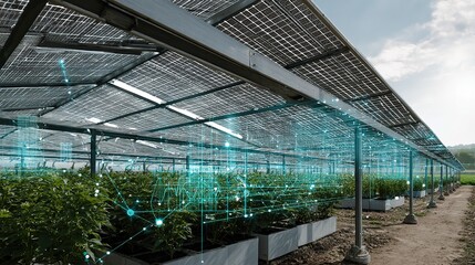 translucent photovoltaic panel array on agricultural greenhouse roof, intelligent drip irrigation cultivation racks below, background is crop growth monitoring screen and farmland