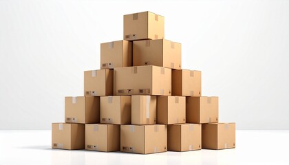 Fototapeta premium Stacked cardboard boxes arranged in a pyramid shape on a white reflective surface. Ideal for shipping, delivery and packaging concepts
