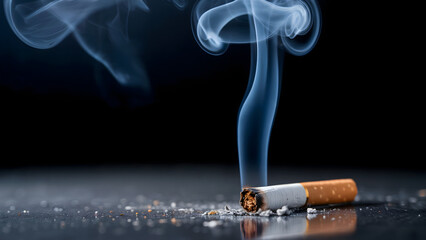 Smoldering cigarette emits smoke, an abstract depiction of nicotine addiction